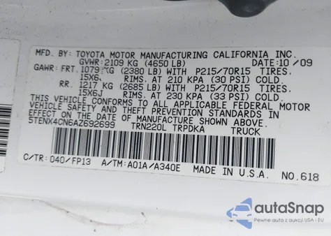 2010 Toyota Tacoma из США, поврежденный, VIN 5TENX4CN6AZ692699